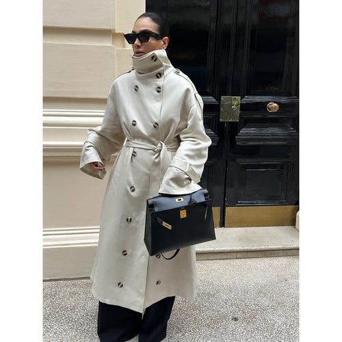 Damen Langer Oversized Trenchcoat mit hohem Stehkragen, Glockenärmeln und Bindegürtel Nord Taschen