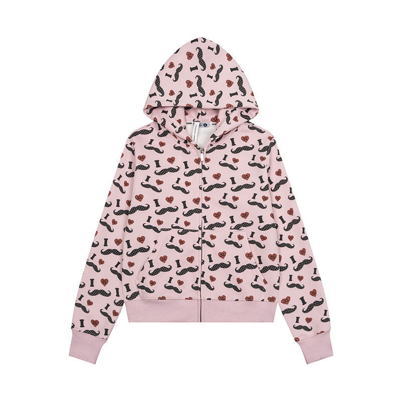 Damen Kurze Kapuzen‑Sweatjacke im Grafik-Print mit Rippbündchen und Kängurutaschen Nord Taschen