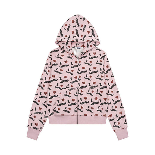 Damen Kurze Kapuzen‑Sweatjacke im Grafik-Print mit Rippbündchen und Kängurutaschen Nord Taschen