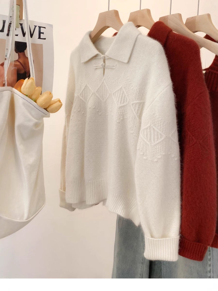 Damen Polokragen-Pullover im Mohair‑Look mit Ajour‑Zopfmuster, überschnittener Schulter und weiter Silhouette Nord Taschen