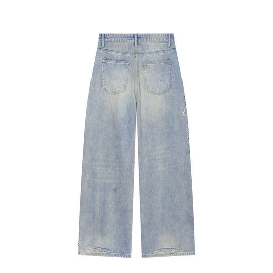 Damen Hochgeschnittene weite Jeans im verwaschenen Look mit Rissen und Nietenapplikation Nord Taschen