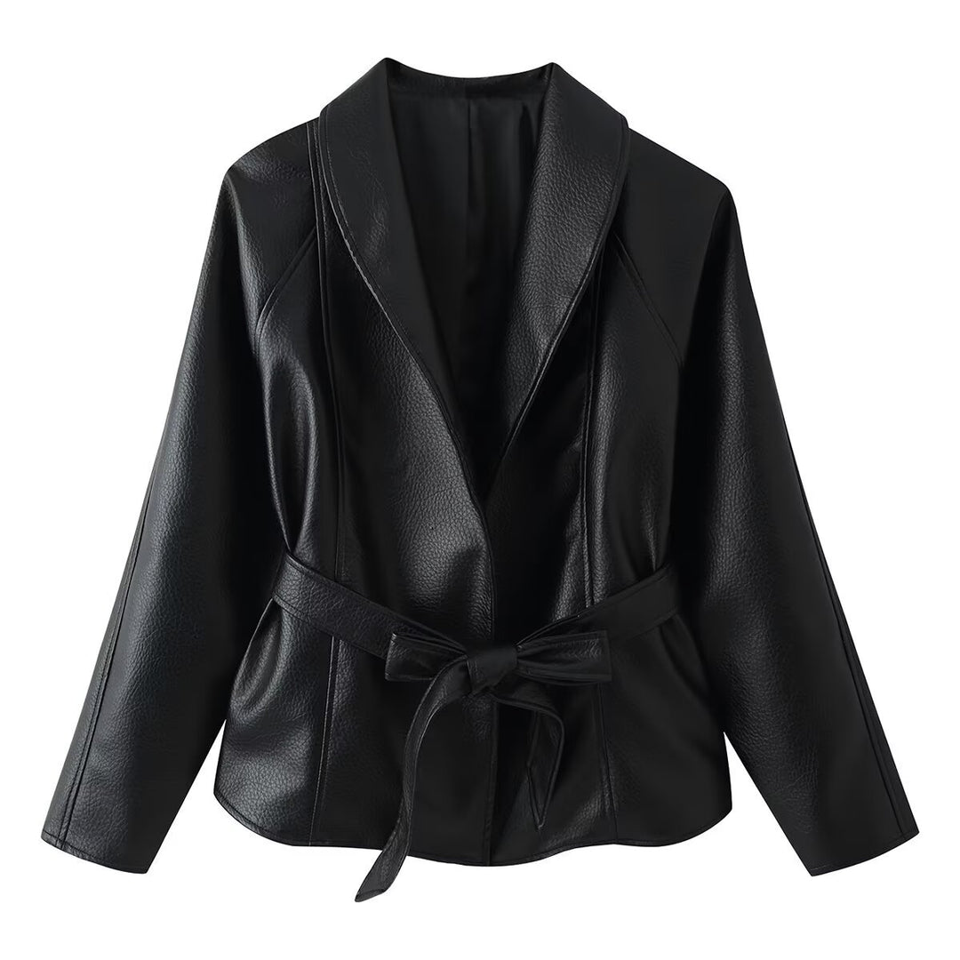 Damen Taillierter Bindegürtel-Lederblazer mit Schalkragen Nord Taschen