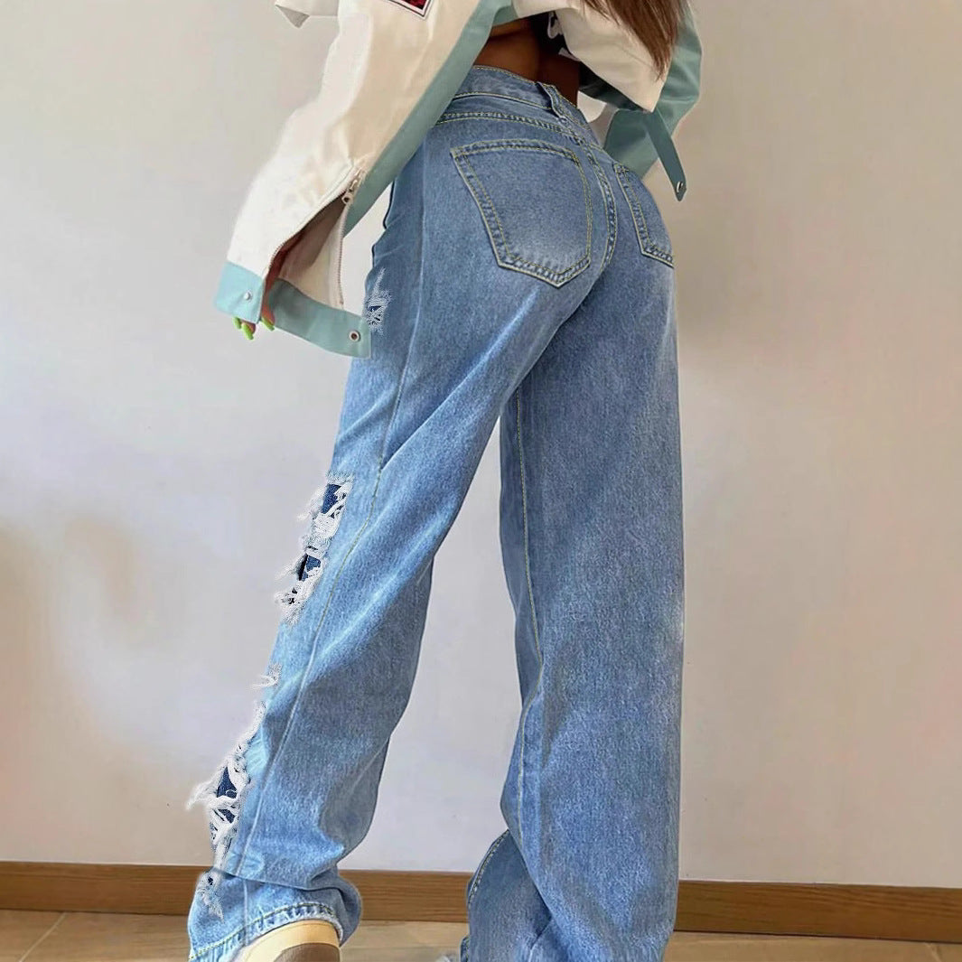 Damen weite Destroyed-Jeans mit seitlichen Cutouts und kontrastierten Unterlagen Nord Taschen