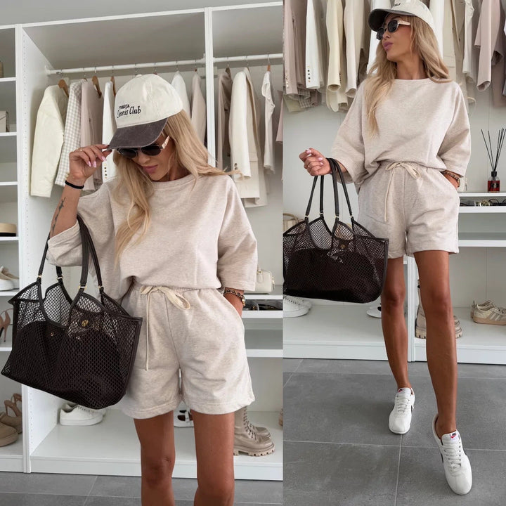 Damen lässiges Kurzarm Set aus Oversized Oberteil und Shorts Nord Taschen