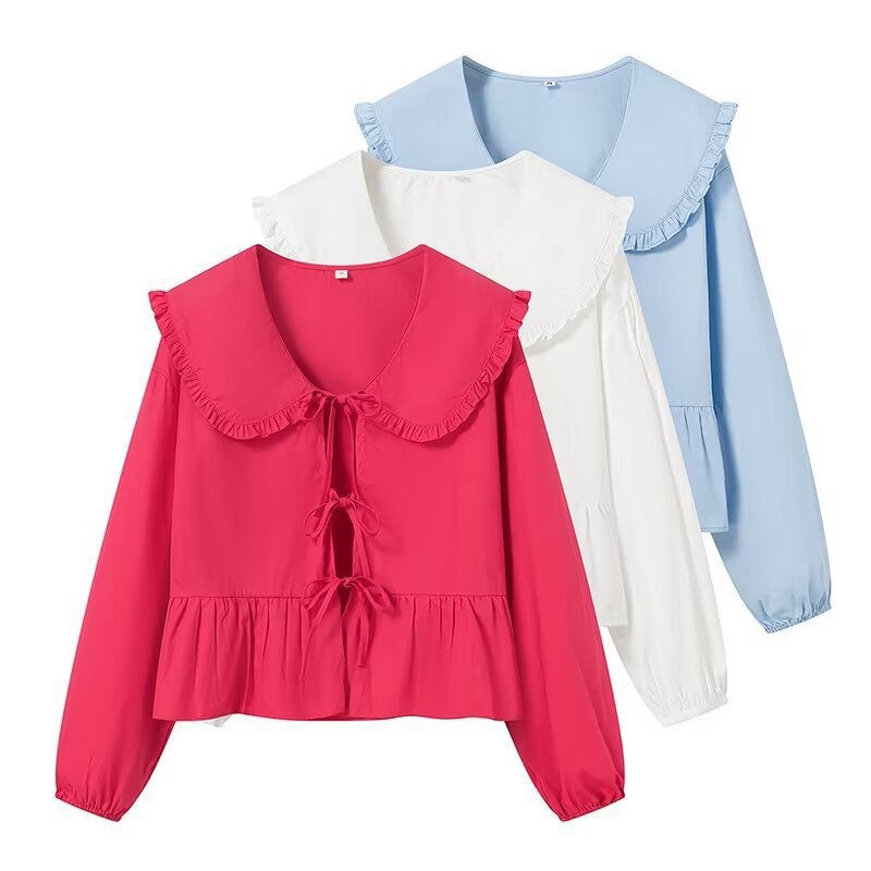 Damen Rüschige Cropped-Bluse mit übergroßem Kragen, Bindebändern und tailliertem Peplum Nord Taschen