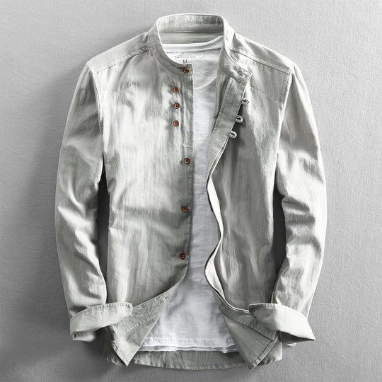 Herren Leichtes Baumwoll-Leinen Overshirt mit Stehkragen und Knopfleisten-Detail Nord Taschen