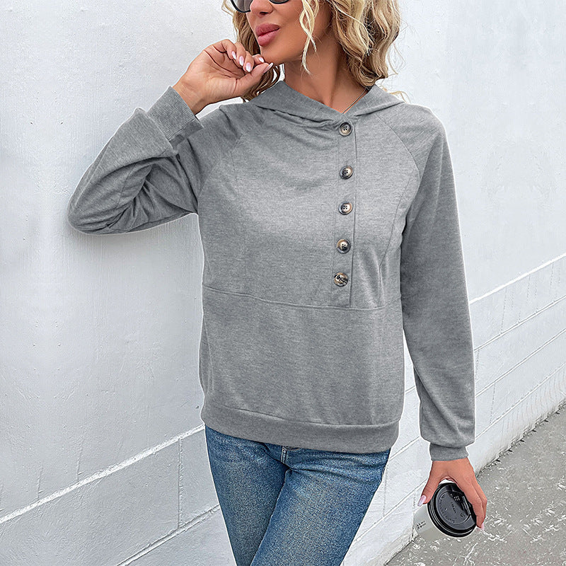 Damen Kapuzenpullover mit Zierknopfleiste, Raglanärmeln und Kängurutasche Nord Taschen