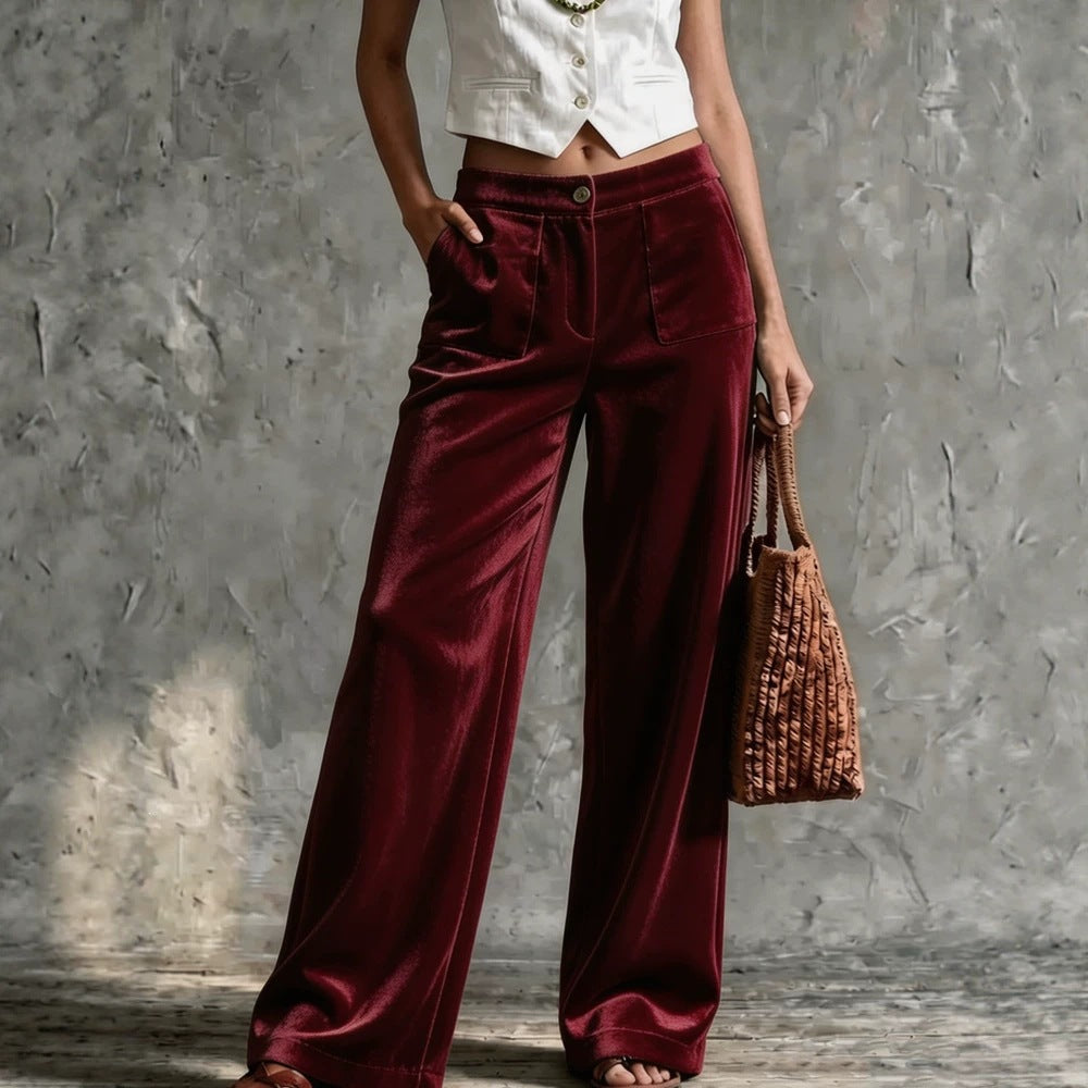Damen Weite Samt-Palazzohose mit hoher Taille und aufgesetzten Taschen Nord Taschen