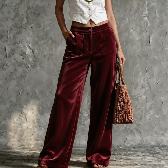 Damen Weite Samt-Palazzohose mit hoher Taille und aufgesetzten Taschen Nord Taschen