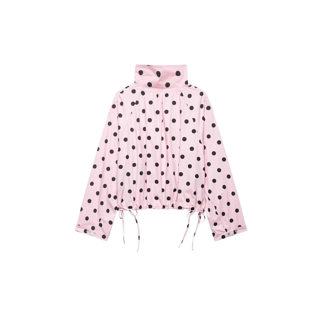 Damen Gepunktete Cropped-Übergangsjacke mit hohem Stehkragen, Tunnelzug und Oversize-Ärmeln Nord Taschen