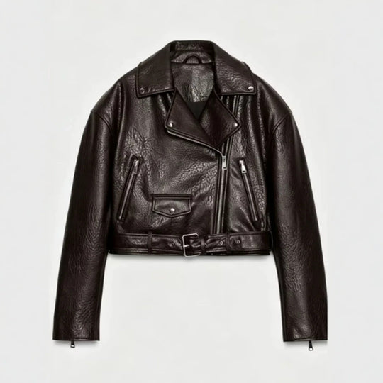 Damen Kurz geschnittene Bikerjacke aus Kunstleder mit Taillengürtel und asymmetrischem Reißverschluss Nord Taschen