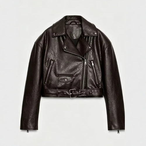 Damen Kurz geschnittene Bikerjacke aus Kunstleder mit Taillengürtel und asymmetrischem Reißverschluss Nord Taschen