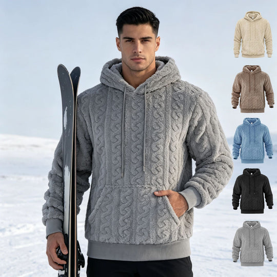 Herren Sherpa-Kapuzenpullover mit Zopfmuster, Kängurutasche und Rippbündchen Nord Taschen