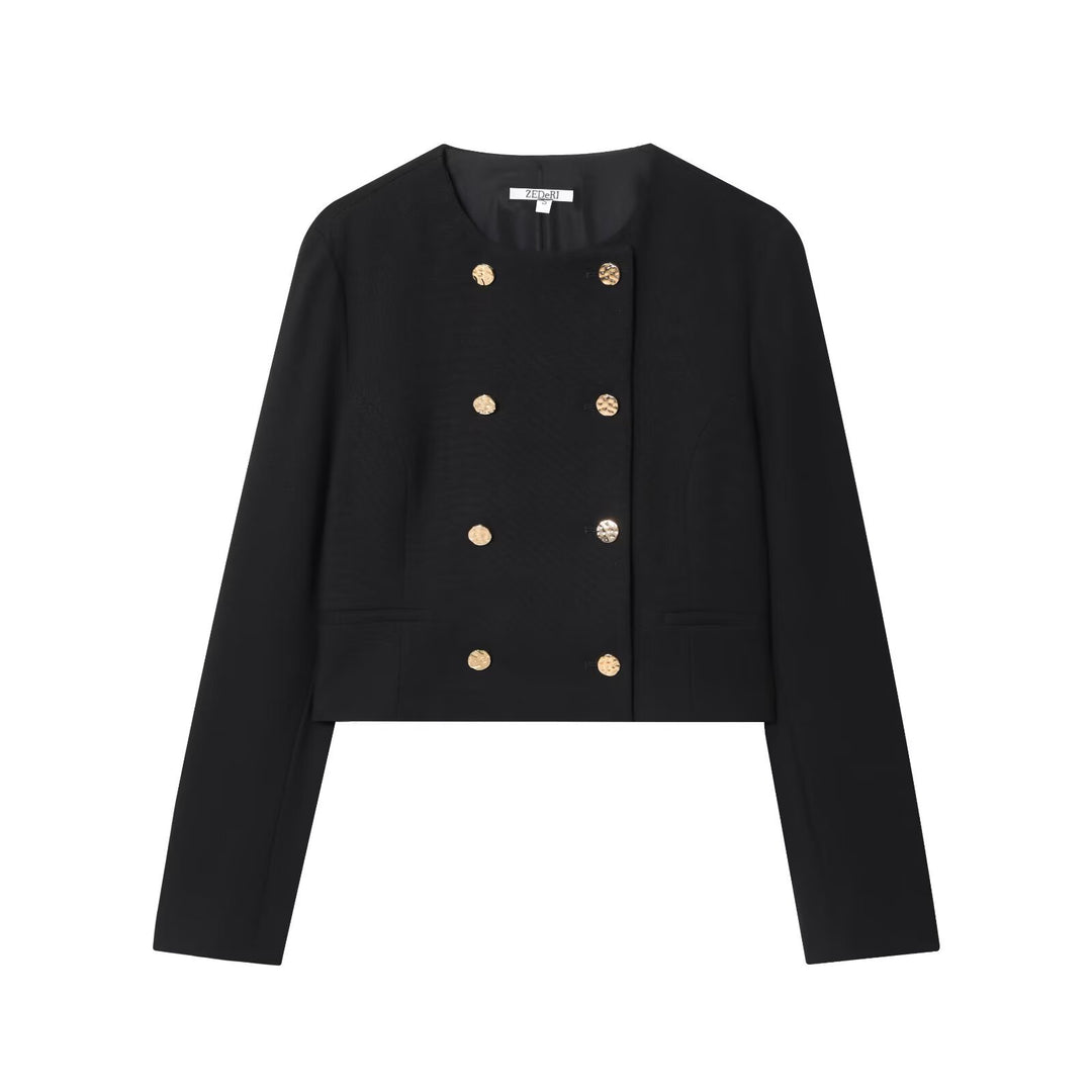 Damen Kurzer Doppelreihiger Blazer mit Rundhals und Zierknöpfen Nord Taschen