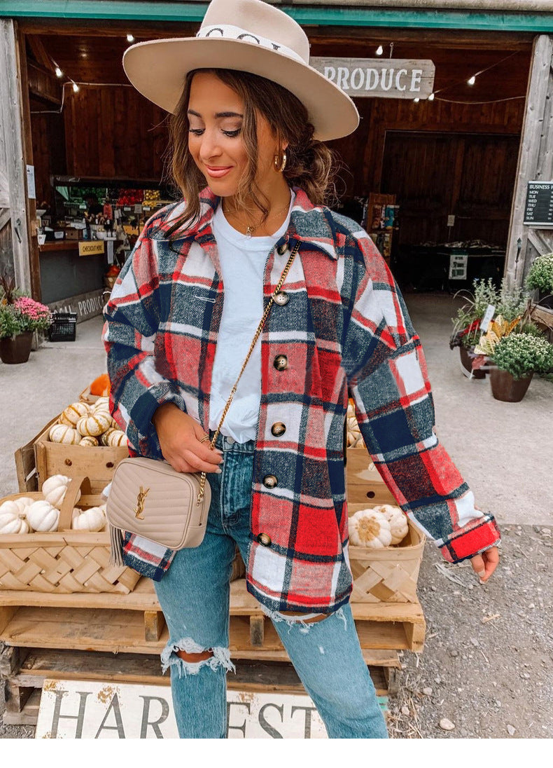 Damen Oversized Kariertes Flanell‑Shacket mit Brusttaschen und Holzknöpfen Nord Taschen