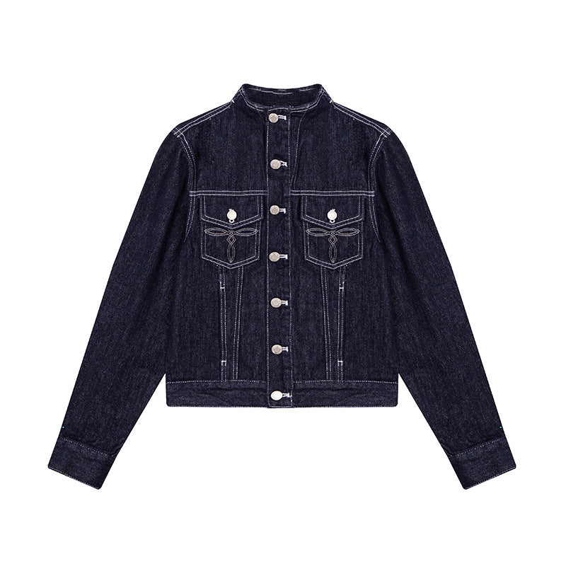Damen Taillierte Jeansjacke mit Stehkragen, Ziernähten und Metallknopfverschluss Nord Taschen