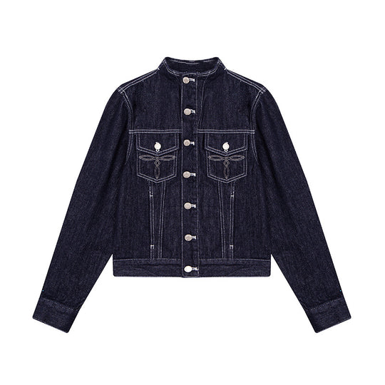 Damen Taillierte Jeansjacke mit Stehkragen, Ziernähten und Metallknopfverschluss Nord Taschen