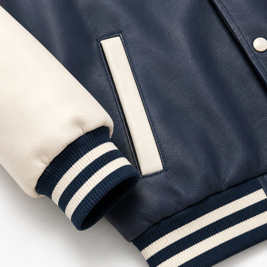 Herren Collegejacke im Letterman‑Stil mit Kunstleder‑Body, Kontrastärmeln und Chenille‑Patches Nord Taschen