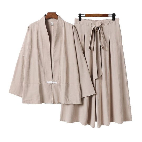 Damen Zen-inspiriertes Kimono-Set aus fließender Viskose mit kurzer Jacke und weiter Culotte-Hose Nord Taschen