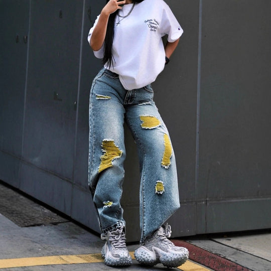 Damen weite High-Waist Jeanshose mit Destroyed-Details und kontrastierendem Unterfutter Nord Taschen