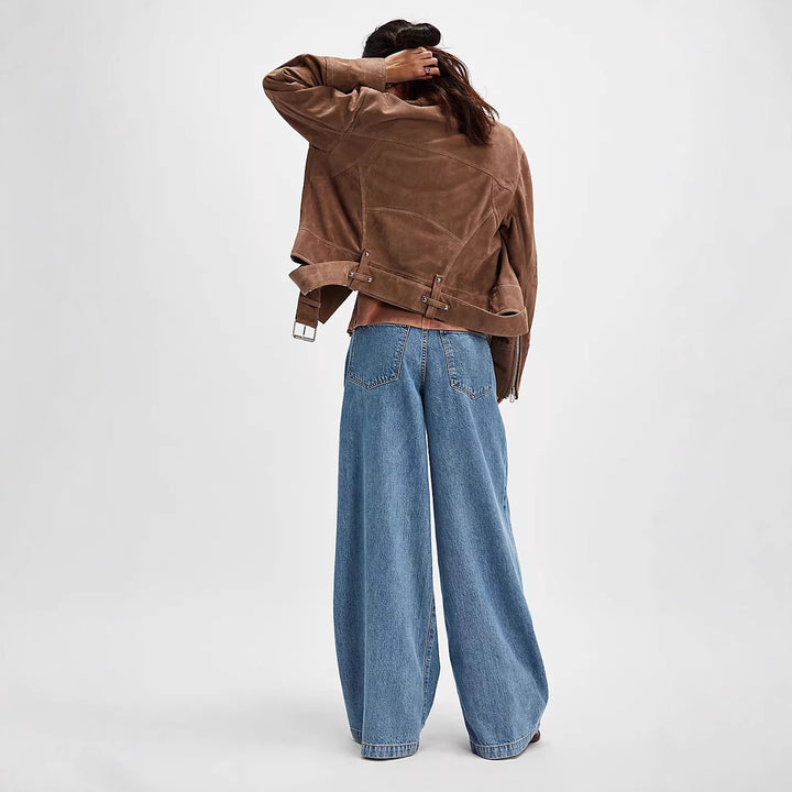 Damen hochgeschnittene Denim-Palazzohose mit markanten Bundfalten und extra weitem Bein Nord Taschen