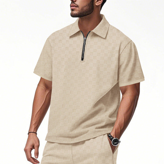 Herren nan kurzes Halbzip-Poloshirt aus strukturierter Waffelpiqué mit Hemdkragen und figurbetonter Passform Nord Taschen