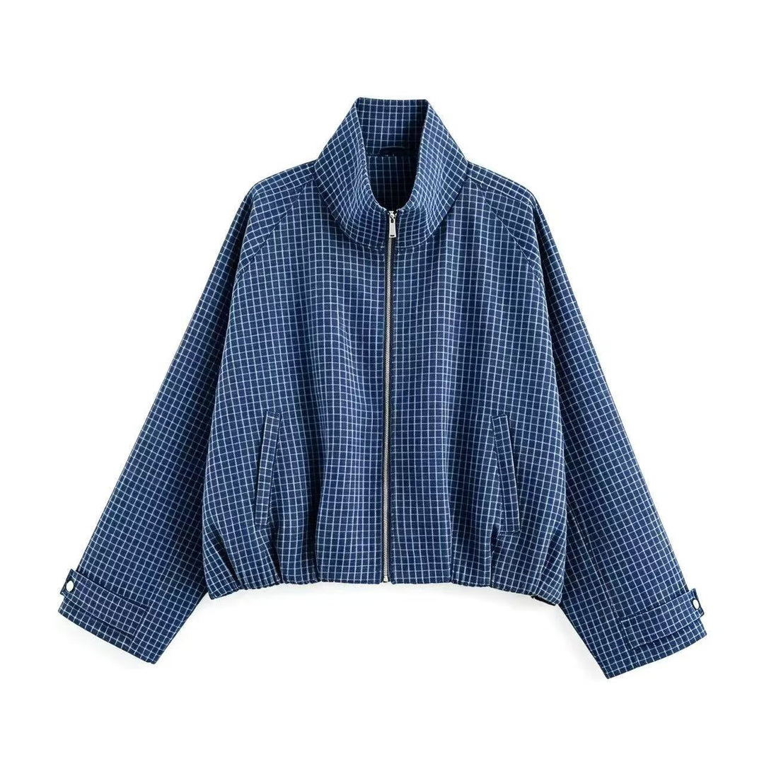 Damen Cropped Übergangsjacke mit hohem Funnelkragen, Karomuster und elastischem Saum Nord Taschen
