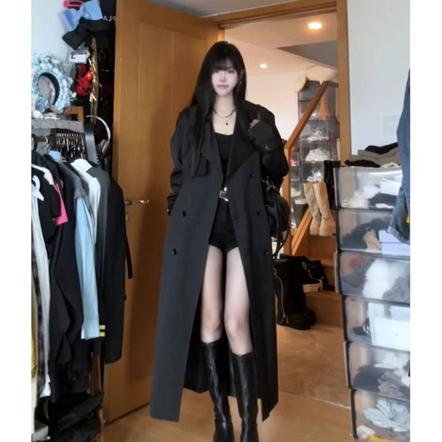 Damen Langer Doppelreihiger Trenchcoat mit Schalkragen, Oversize-Schnitt und verdecktem Taillenband Nord Taschen