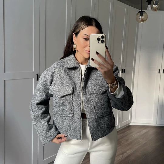 Damen Oversize-Shacket aus Wollmix mit Reißverschluss und aufgesetzten Pattentaschen Nord Taschen