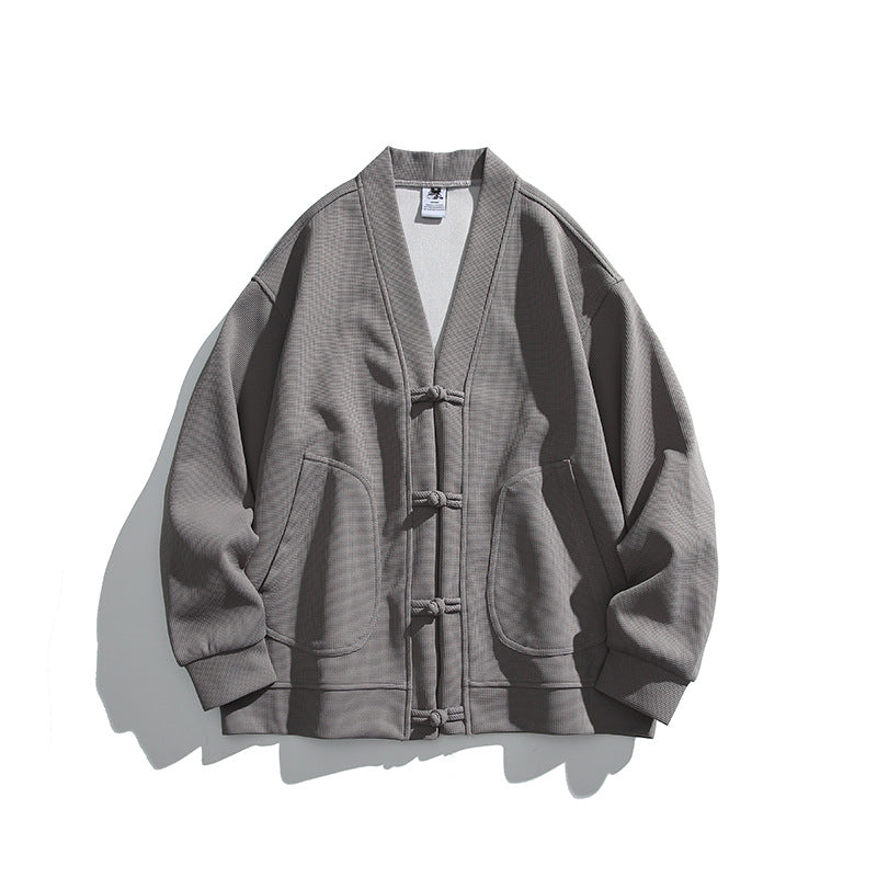 Herren weit geschnittene Kimono-Jacke im Hanfu-Stil mit Kordelverschlüssen und aufgesetzten Taschen Nord Taschen