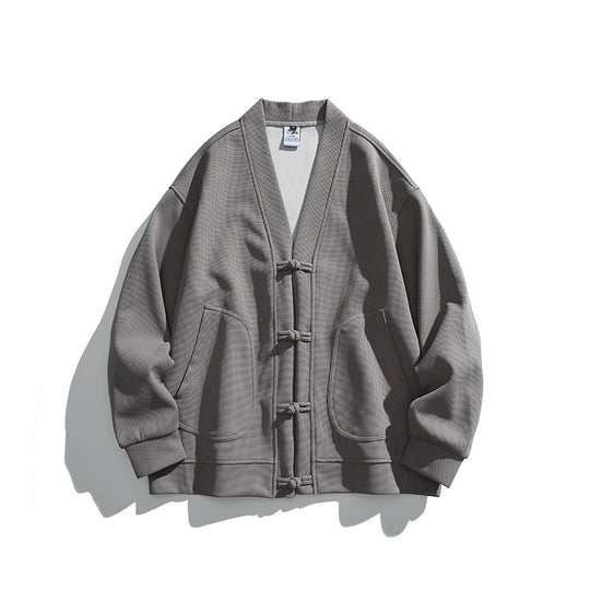 Herren weit geschnittene Kimono-Jacke im Hanfu-Stil mit Kordelverschlüssen und aufgesetzten Taschen Nord Taschen