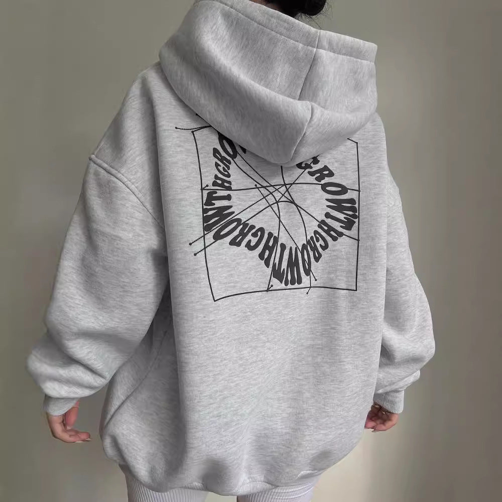 Damen Oversized Kapuzenpullover mit abstraktem Rückenprint und gerippten Bündchen Nord Taschen