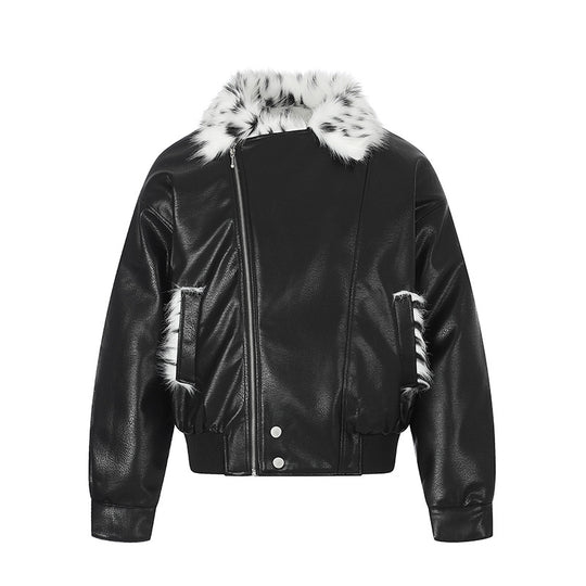 Damen Kunstleder-Bomberjacke mit asymmetrischem Reißverschluss und kontrastierendem Faux-Fur-Kragen Nord Taschen