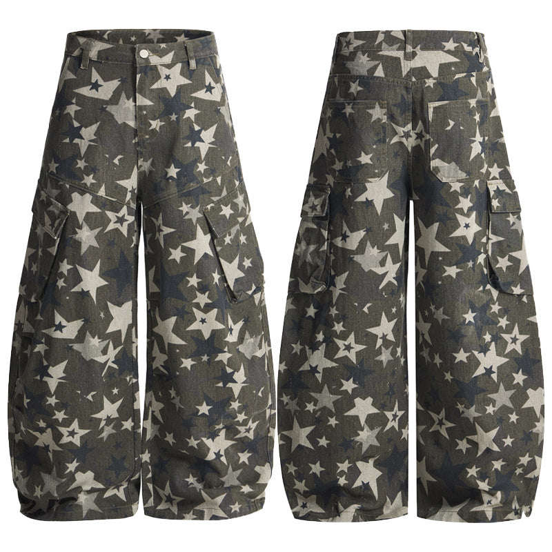 Herren weite Cargo-Palazzo-Hose mit allover Sternen-Print und Utility-Taschen Nord Taschen