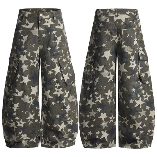 Herren weite Cargo-Palazzo-Hose mit allover Sternen-Print und Utility-Taschen Nord Taschen