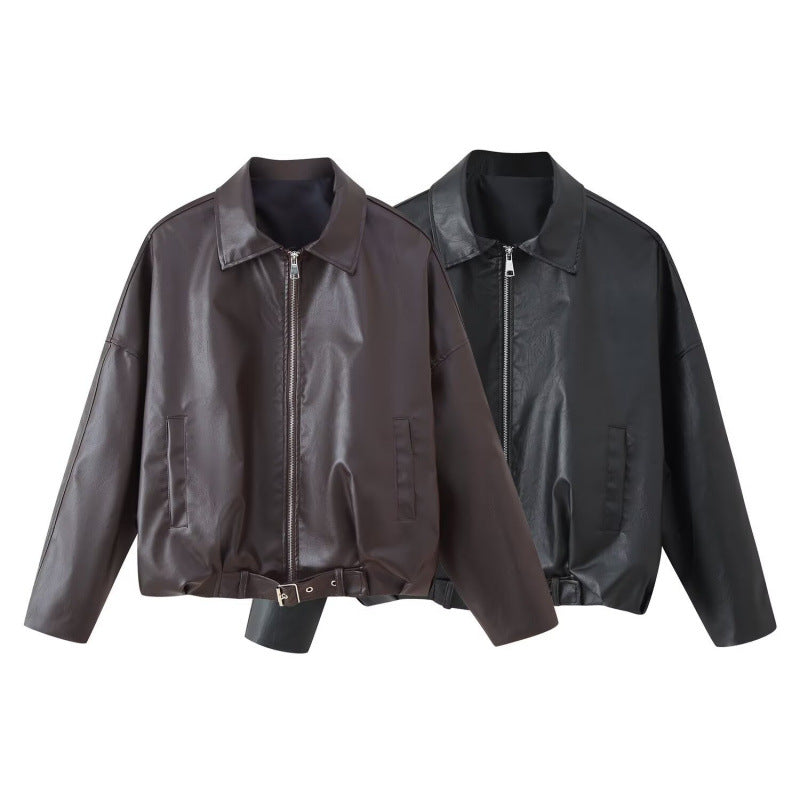 Unisex Oversize Kunstlederjacke mit Reißverschluss Hemdkragen und Taillengürtel Nord Taschen