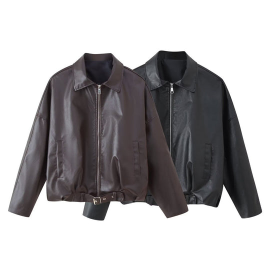 Unisex Oversize Kunstlederjacke mit Reißverschluss Hemdkragen und Taillengürtel Nord Taschen