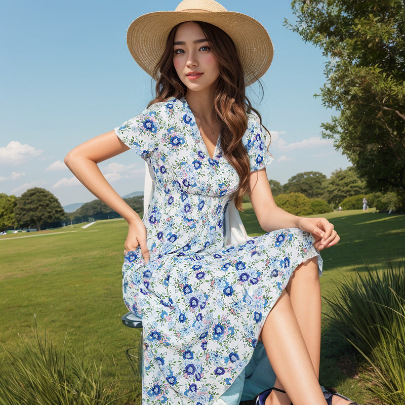 Damen Elegantes Maxikleid mit floralen Akzenten und leichtem V-Ausschnitt Nord Taschen