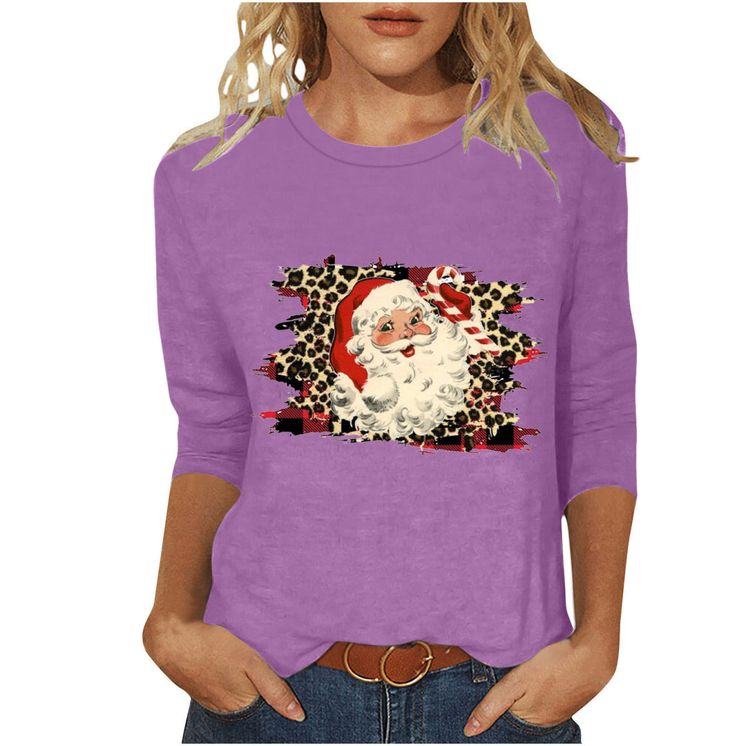 Damen nan lässiges Sweatshirt mit Retro-Weihnachtsmann-Print, Leoparden- und Karomuster und dreiviertelärmel Nord Taschen