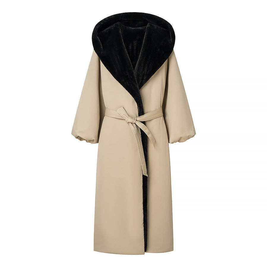 Damen langer gefütterter Mantel mit Kapuze und Faux-Fur-Futter Nord Taschen