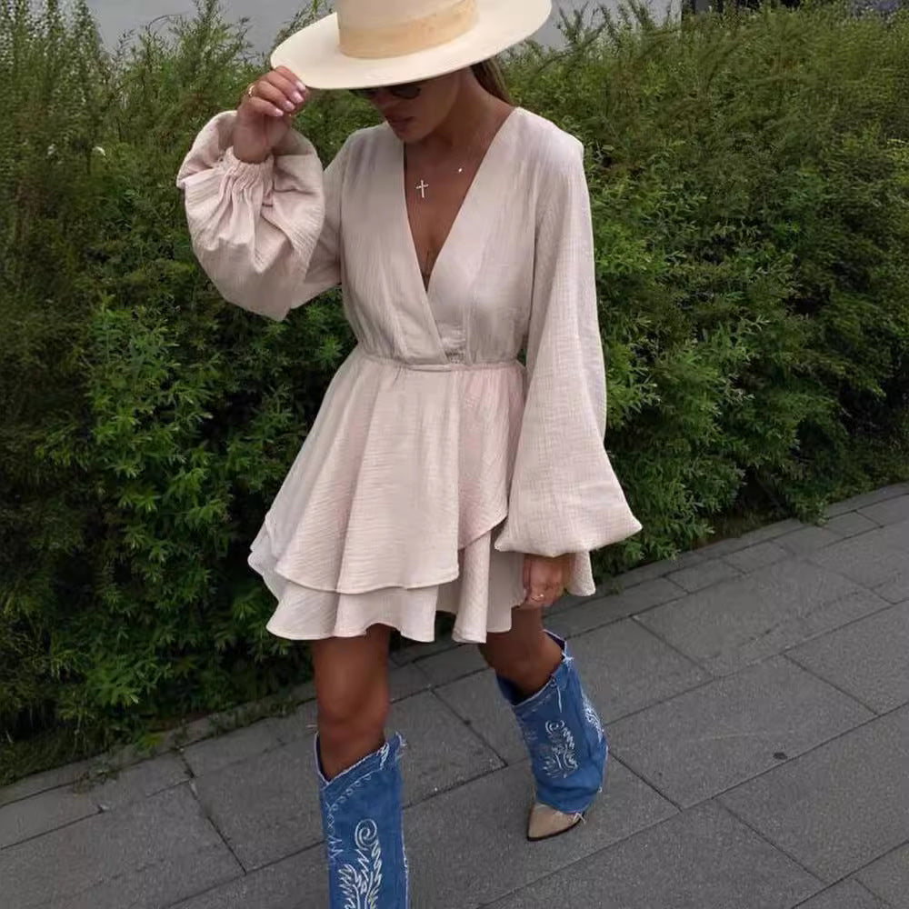 Damen Luftiges Wickelkleid mit Volantstufen und Ballonärmeln Nord Taschen