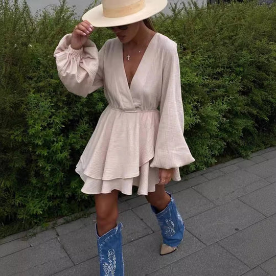 Damen Luftiges Wickelkleid mit Volantstufen und Ballonärmeln Nord Taschen