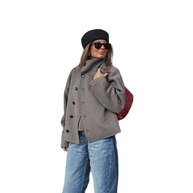 Damen Kurzer Wollmix-Mantel mit asymmetrischer Knopfleiste und hohem Stehkragen Nord Taschen