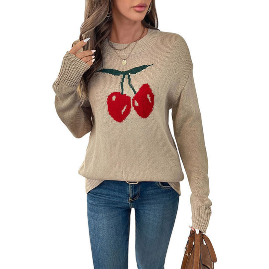 Damen Lässiger Pullover mit Kirschapplikationen Nord Taschen