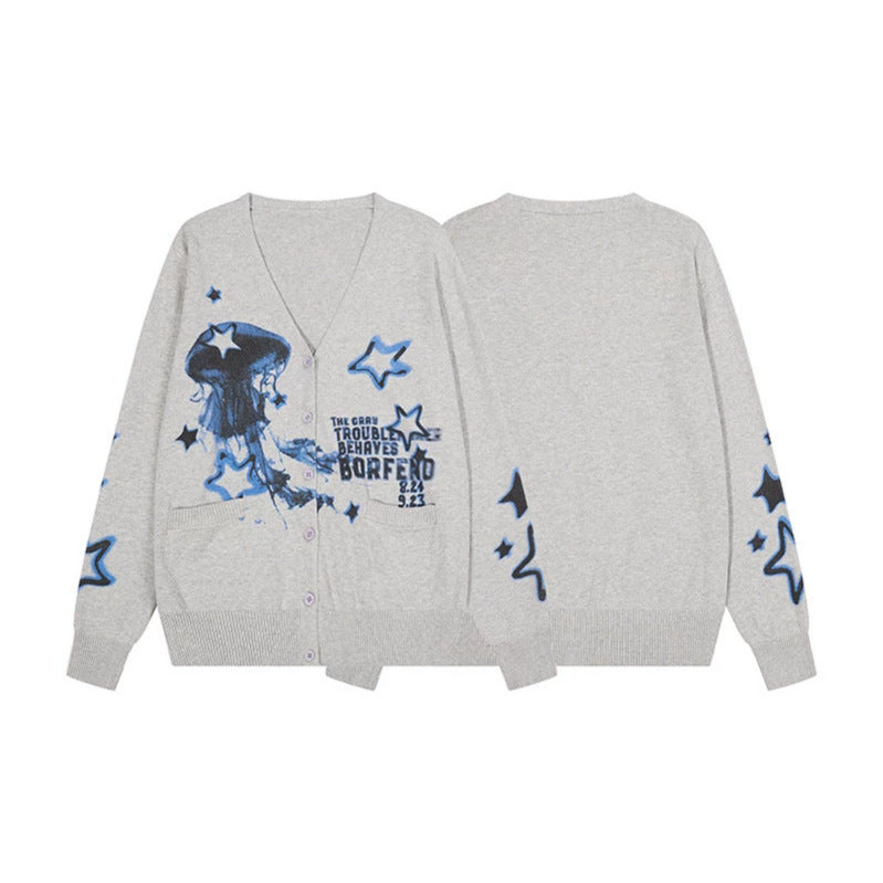 Damen Geknöpfte V‑Neck Strickjacke mit Allover-Print, Eingrifftaschen und geripptem Saum Nord Taschen