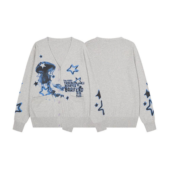 Damen Geknöpfte V‑Neck Strickjacke mit Allover-Print, Eingrifftaschen und geripptem Saum Nord Taschen
