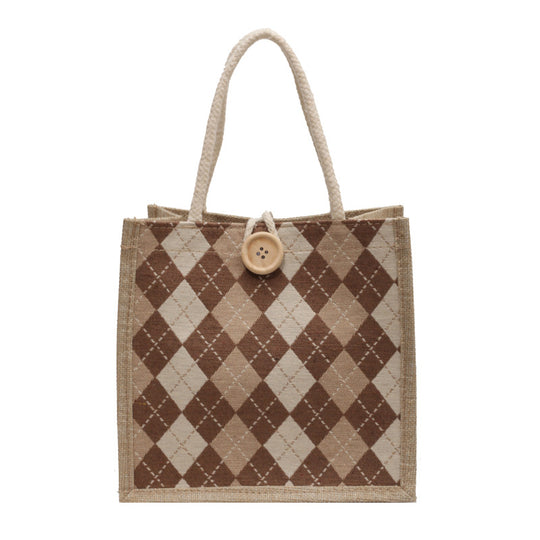 Damen Jute Tragetasche mit elegantem Rautenmuster und praktischen Holzknopfverschluss Nord Taschen