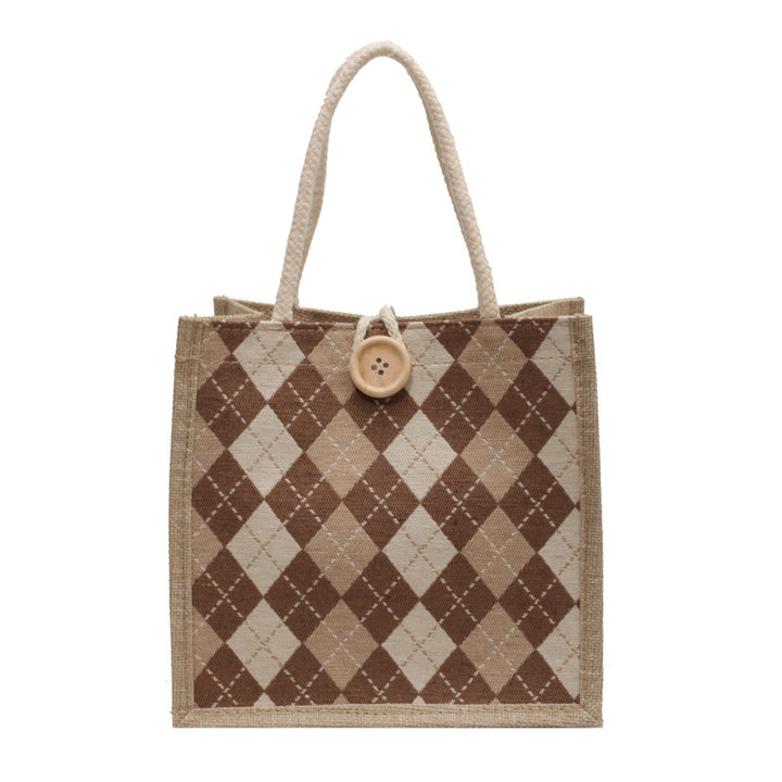 Damen Jute Tragetasche mit elegantem Rautenmuster und praktischen Holzknopfverschluss Nord Taschen