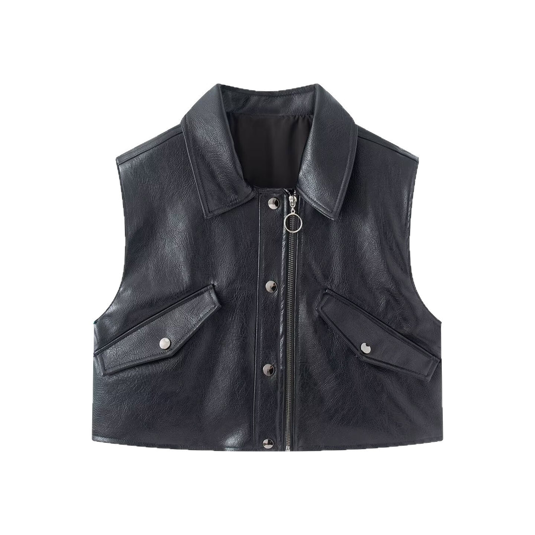 Damen Cropped Utility Weste aus Lederoptik mit Kragen, Ringzipper und aufgesetzten Pattentaschen Nord Taschen