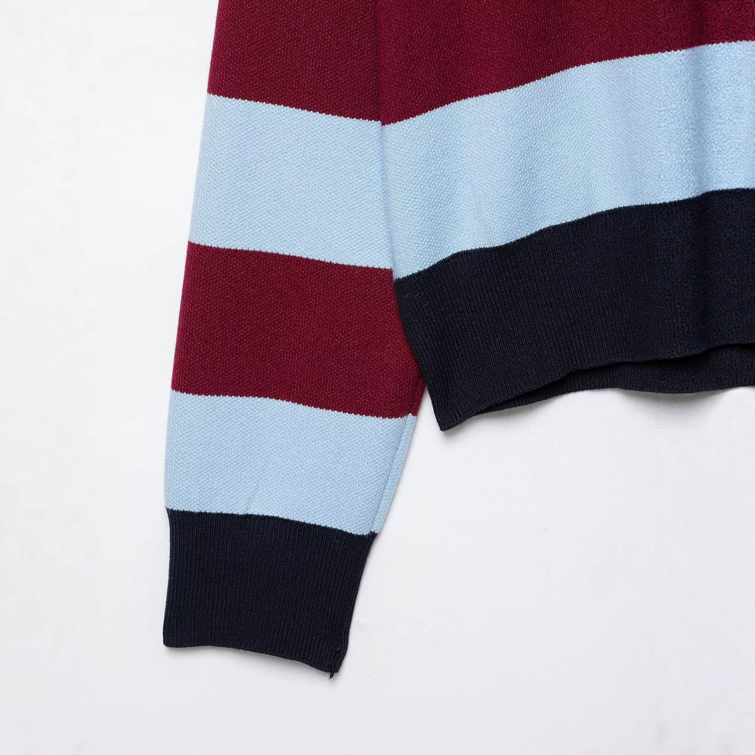 Damen Gestreifter Rugby-Pullover mit Polokragen und V-Ausschnitt Nord Taschen